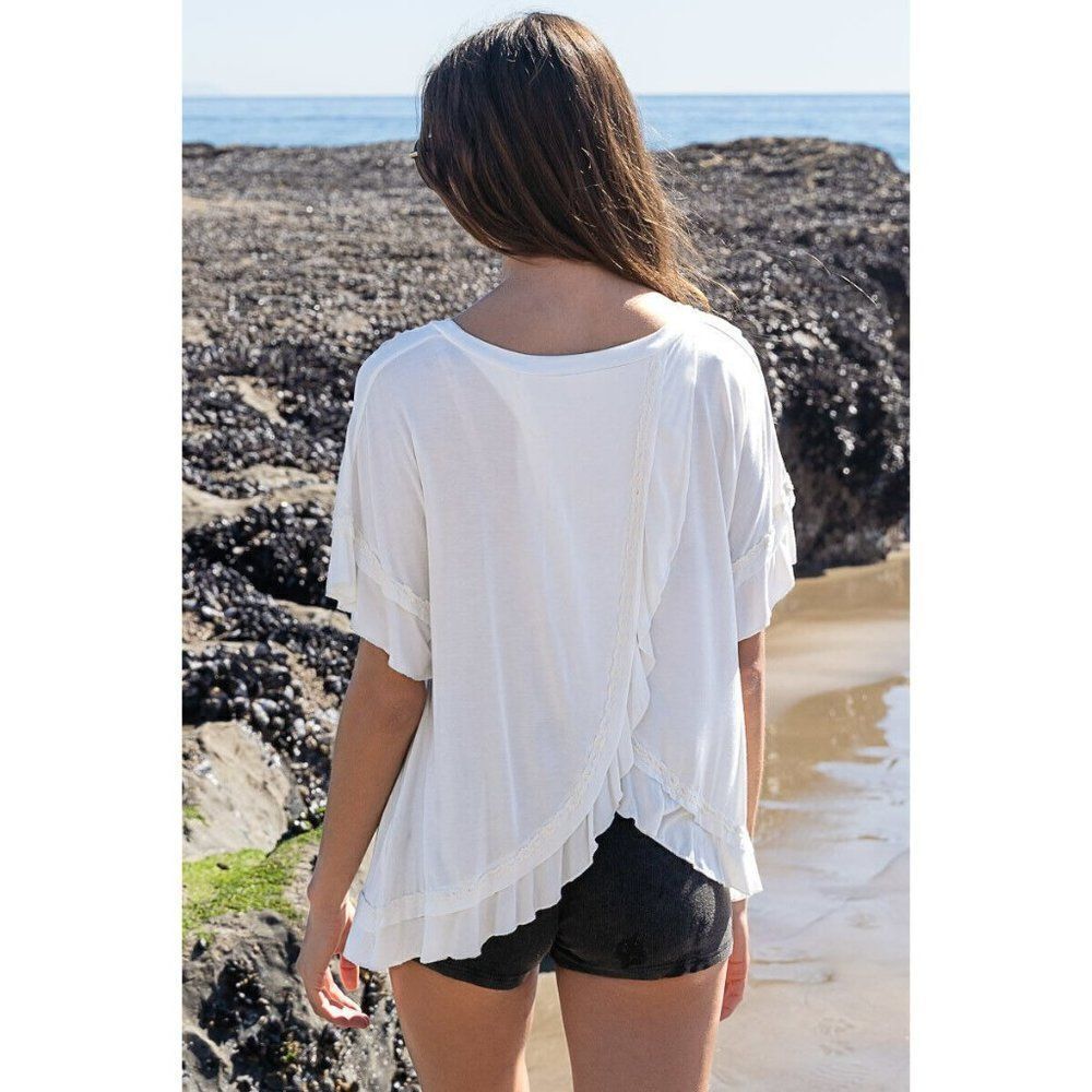 POL CLOTHING White Flowy Peek a Boo Back Tee Shirt Ruffle Summer Spring RCT763 - Picture 2 of 8